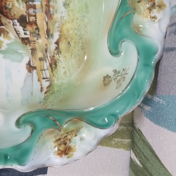 Germany Three Crown China Big Cottage Scenic Bowl With Wavery Green Gold Flowers - Picture 6 of 16